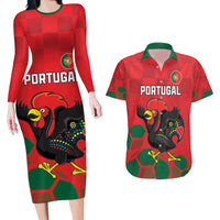 Custom Portugal Football Couples Matching Long Sleeve Bodycon Dress and Hawaiian Shirt Barcelos Rooster Mascot Dynamic Style