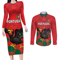 Custom Portugal Football Couples Matching Long Sleeve Bodycon Dress and Long Sleeve Button Shirt Barcelos Rooster Mascot Dynamic Style