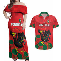 Custom Portugal Football Couples Matching Off Shoulder Maxi Dress and Hawaiian Shirt Barcelos Rooster Mascot Dynamic Style