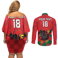 Custom Portugal Football Couples Matching Off Shoulder Short Dress and Long Sleeve Button Shirt Barcelos Rooster Mascot Dynamic Style