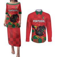 Custom Portugal Football Couples Matching Puletasi and Long Sleeve Button Shirt Barcelos Rooster Mascot Dynamic Style