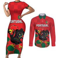 Custom Portugal Football Couples Matching Short Sleeve Bodycon Dress and Long Sleeve Button Shirt Barcelos Rooster Mascot Dynamic Style