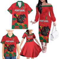Custom Portugal Football Family Matching Off The Shoulder Long Sleeve Dress and Hawaiian Shirt Barcelos Rooster Mascot Dynamic Style