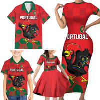 Custom Portugal Football Family Matching Short Sleeve Bodycon Dress and Hawaiian Shirt Barcelos Rooster Mascot Dynamic Style