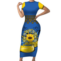 Ukraine Sunflower Peace Sign Short Sleeve Bodycon Dress With Folk Patterns - Wonder Print Shop