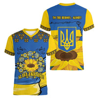 Ukraine Sunflower Peace Sign Women V-Neck T-Shirt With Folk Patterns - Wonder Print Shop