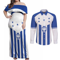 Custom Honduras Football Couples Matching Off Shoulder Maxi Dress and Long Sleeve Button Shirt Los Catrachos Sporty Style - Wonder Print Shop