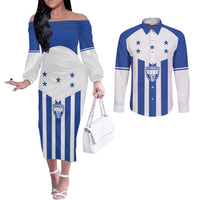 Custom Honduras Football Couples Matching Off The Shoulder Long Sleeve Dress and Long Sleeve Button Shirt Los Catrachos Sporty Style - Wonder Print Shop