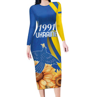 Personalized Ukraine Independence Day Long Sleeve Bodycon Dress Peace Dove Sunflower - Wonder Print Shop