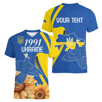 Personalized Ukraine Independence Day Women V-Neck T-Shirt Peace Dove Sunflower - Wonder Print Shop