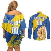 Custom Ukraine Independence Day Couples Matching Off Shoulder Short Dress and Long Sleeve Button Shirt Dove Of Peace With Grunge Pattern - Wonder Print Shop