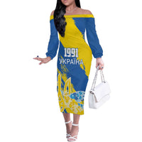 Custom Ukraine Independence Day Off The Shoulder Long Sleeve Dress Dove Of Peace With Grunge Pattern - Wonder Print Shop