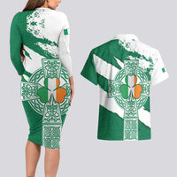 Ireland Celtic Cross Couples Matching Long Sleeve Bodycon Dress and Hawaiian Shirt Irish Flag Shamrock - Wonder Print Shop
