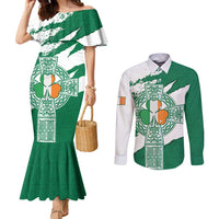 Ireland Celtic Cross Couples Matching Mermaid Dress and Long Sleeve Button Shirt Irish Flag Shamrock - Wonder Print Shop