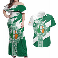 Ireland Celtic Cross Couples Matching Off Shoulder Maxi Dress and Hawaiian Shirt Irish Flag Shamrock - Wonder Print Shop