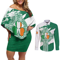 Ireland Celtic Cross Couples Matching Off Shoulder Short Dress and Long Sleeve Button Shirt Irish Flag Shamrock - Wonder Print Shop