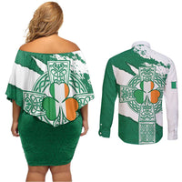Ireland Celtic Cross Couples Matching Off Shoulder Short Dress and Long Sleeve Button Shirt Irish Flag Shamrock - Wonder Print Shop