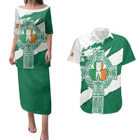 Ireland Celtic Cross Couples Matching Puletasi and Hawaiian Shirt Irish Flag Shamrock - Wonder Print Shop