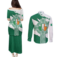 Ireland Celtic Cross Couples Matching Puletasi and Long Sleeve Button Shirt Irish Flag Shamrock - Wonder Print Shop