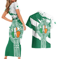Ireland Celtic Cross Couples Matching Short Sleeve Bodycon Dress and Hawaiian Shirt Irish Flag Shamrock - Wonder Print Shop