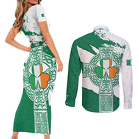 Ireland Celtic Cross Couples Matching Short Sleeve Bodycon Dress and Long Sleeve Button Shirt Irish Flag Shamrock - Wonder Print Shop