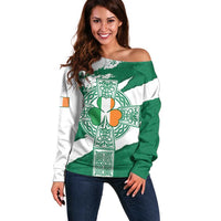Ireland Celtic Cross Off Shoulder Sweater Irish Flag Shamrock - Wonder Print Shop