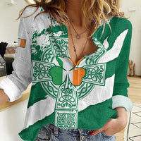 Ireland Celtic Cross Women Casual Shirt Irish Flag Shamrock - Wonder Print Shop