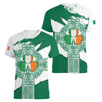 Ireland Celtic Cross Women V-Neck T-Shirt Irish Flag Shamrock - Wonder Print Shop