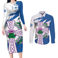 Scotland Celtic Cross Couples Matching Long Sleeve Bodycon Dress and Long Sleeve Button Shirt Thistle Flowers - Wonder Print Shop