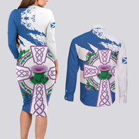 Scotland Celtic Cross Couples Matching Long Sleeve Bodycon Dress and Long Sleeve Button Shirt Thistle Flowers - Wonder Print Shop
