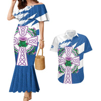 Scotland Celtic Cross Couples Matching Mermaid Dress and Hawaiian Shirt Thistle Flowers - Wonder Print Shop