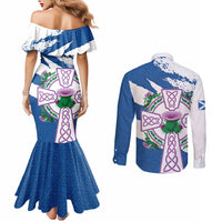 Scotland Celtic Cross Couples Matching Mermaid Dress and Long Sleeve Button Shirt Thistle Flowers - Wonder Print Shop