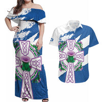 Scotland Celtic Cross Couples Matching Off Shoulder Maxi Dress and Hawaiian Shirt Thistle Flowers - Wonder Print Shop