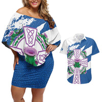Scotland Celtic Cross Couples Matching Off Shoulder Short Dress and Hawaiian Shirt Thistle Flowers - Wonder Print Shop