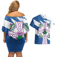 Scotland Celtic Cross Couples Matching Off Shoulder Short Dress and Hawaiian Shirt Thistle Flowers - Wonder Print Shop