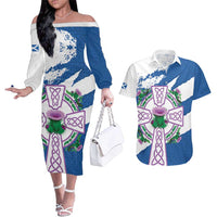 Scotland Celtic Cross Couples Matching Off The Shoulder Long Sleeve Dress and Hawaiian Shirt Thistle Flowers - Wonder Print Shop