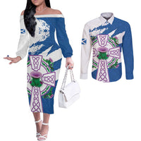 Scotland Celtic Cross Couples Matching Off The Shoulder Long Sleeve Dress and Long Sleeve Button Shirt Thistle Flowers - Wonder Print Shop