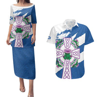 Scotland Celtic Cross Couples Matching Puletasi and Hawaiian Shirt Thistle Flowers - Wonder Print Shop