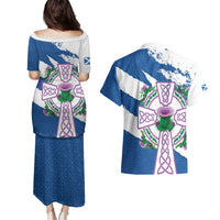 Scotland Celtic Cross Couples Matching Puletasi and Hawaiian Shirt Thistle Flowers - Wonder Print Shop