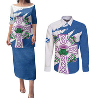Scotland Celtic Cross Couples Matching Puletasi and Long Sleeve Button Shirt Thistle Flowers - Wonder Print Shop