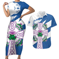 Scotland Celtic Cross Couples Matching Short Sleeve Bodycon Dress and Hawaiian Shirt Thistle Flowers - Wonder Print Shop