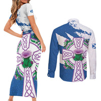 Scotland Celtic Cross Couples Matching Short Sleeve Bodycon Dress and Long Sleeve Button Shirt Thistle Flowers - Wonder Print Shop
