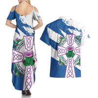 Scotland Celtic Cross Couples Matching Summer Maxi Dress and Hawaiian Shirt Thistle Flowers - Wonder Print Shop