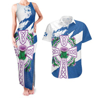 Scotland Celtic Cross Couples Matching Tank Maxi Dress and Hawaiian Shirt Thistle Flowers - Wonder Print Shop