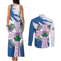 Scotland Celtic Cross Couples Matching Tank Maxi Dress and Long Sleeve Button Shirt Thistle Flowers - Wonder Print Shop