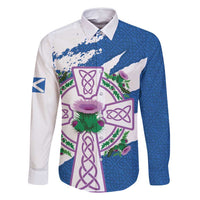 Scotland Celtic Cross Family Matching Long Sleeve Bodycon Dress and Hawaiian Shirt Thistle Flowers - Wonder Print Shop