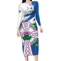 Scotland Celtic Cross Family Matching Long Sleeve Bodycon Dress and Hawaiian Shirt Thistle Flowers - Wonder Print Shop
