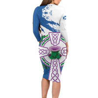 Scotland Celtic Cross Family Matching Long Sleeve Bodycon Dress and Hawaiian Shirt Thistle Flowers - Wonder Print Shop