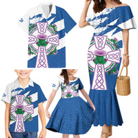 Scotland Celtic Cross Family Matching Mermaid Dress and Hawaiian Shirt Thistle Flowers - Wonder Print Shop