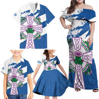 Scotland Celtic Cross Family Matching Off Shoulder Maxi Dress and Hawaiian Shirt Thistle Flowers - Wonder Print Shop